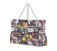 sanluoli Graffiti Sun Yellow Black Art Portable Beach Bag Tote with side pocketes Bags For Women for Pool Gym Grocery Travel