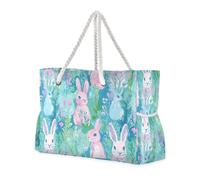 sanluoli Green Peach Spring Bunnies Art Sturdy Beach Tote Bag with side pocketes Weekender Travel Bag with cup holders on the side