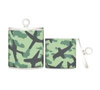 sanluoli Green Planes Camouflage Clear Plastic bins for storage with lid Bathroom Essentials Decorative Dental floss storage jar for Cotton Swabs,Cotton Pads,Floss Picks,Paper Clips,s 2 Pack