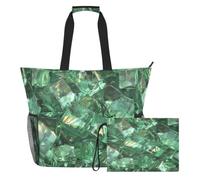sanluoli Large Tote Bag, Weekender Overnight Bag 2 PCS | Sandproof & Sandproof with Zipper and Mesh Pockets, for Swim Pool, Cruise Beach Vacation, Green Transparent Ice Cubes