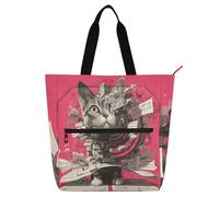 sanluoli Mechanical Cyber-style Cat Hot Pink Kids Book Tote for Kids Women Men, Gothic Large Library Shoulder Bag Handbag with Zipper for College Shopping Beach Rainbow school supplies