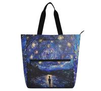 sanluoli Midnight Starry Sky Stars Sparkling Books Totes Book Bag for Kids Women Men, Gothic Large Teacher Tote Bags Shoulder Bag with Zipper for College Shopping Beach Rainbow school supplies