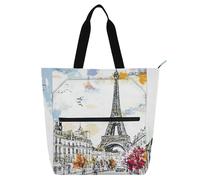 sanluoli Paris Handy Drawn Cute Book Tote Bag for Kids Adults, Gothic Water-resistant Reusable Book Bag Grocery Bag with Zipper for School Shopping Beach Rainbow school supplies