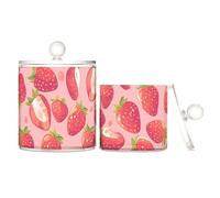 sanluoli Peach Red Strawberries Clear Plastic Storage Container Jars with lid Dresser Essentials Decorative storage bin for Cotton Swabs,Cotton Pads,Floss Picks,Paper Clips,s 2 Pack