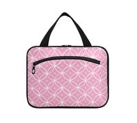 sanluoli Pink and White Geometric Pattern hanging toiletries travel bag with hook, designer unisex make up bag for adults trip bolso viajero para mujer, Pink and white geometric pattern