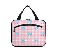 sanluoli Pink Plaid Bow hangingarge cosmetic bags for women with hook, designer multifunctional shave kit for travel make up trip estuche para brochas maquillaje, Pink plaid bow