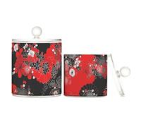 sanluoli Red and Black Japanese Vintage Flowers Clear Plastic storage containers with lid Bathroom Essentials Decorative storage bin for Cotton Swabs,Cotton Pads,Floss Picks,Paper Clips,s 2 Pack