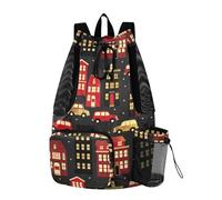 sanluoli Red Buildings Night Drawstring Bags String Bookbag With Pockets Wet and Dry Separation