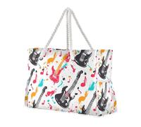 sanluoli Retro Musical Rock White Colorful Portable Zippered Tote Bags with side pocketes Women Tote Bag with cup holders on the side