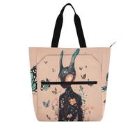 sanluoli Science Fiction Aliens Peach Books Tote Bags for Kids Students Adults, Gothic Lightweight Handbags Grocery Beach Bag with Zipper Pockets for School Shopping Travel Rainbow school supplies