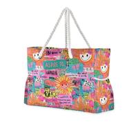 sanluoli Sun Colorful Art Words Doodle Large Capacity Beach Totes Bags with side pocketes Bag For Women for Pool Gym Grocery Travel