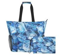 sanluoli Tote Bag For Women, Weekender Overnight Bag 2 PCS | Large Capacity & Large Capacity with Zipper and Mesh Pockets, for Toys, Towels, Travel, Cruise, Blue Transparent Ice Cubes
