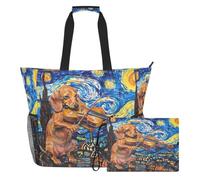 sanluoli Tote Bag Portable, Weekender Overnight Bag 2 PCS | Large Capacity & Large Capacity with Zipper and Mesh Pockets, for Travel, Gym, Dachshund Dog Van Gogh's Starry Night