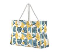 sanluoli Tropical Style Flower Palm Tree Leaves Yellow and Blue Large Capacity Tote Bag Portable with side pocketes Weekender Overnight Perfect for Travel Pool Swim Beach Vacation Necessities