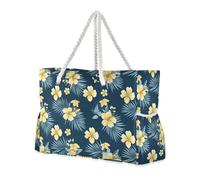 sanluoli Tropical Style Flower Palm Tree Leaves Yellow and Blue Large Capacity Tote Shoulder Bag with side pocketes Tote Bag Women with zippered pockets