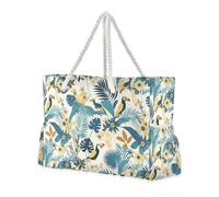 sanluoli Tropical Style Leaves and Bird Pattern Yellow and Blue Portable Duffel Bag Sports Tote with side pocketes Outdoor Tote Bag Portable Travel with cup holders on the side