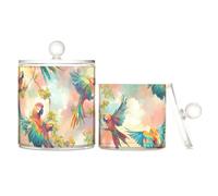 sanluoli Tropical Swirl Parrot Color Clear Plastic storage container with lid Pantry Essentials Decorative storage bin for Cotton Swabs,Cotton Pads,Floss Picks,Paper Clips,s 2 Pack