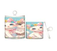 sanluoli Vintage Cute Cats Clear Plastic Makeup Organizer Storage with lid Dresser Essentials Decorative storage bins for Cotton Swabs,Cotton Pads,Floss Picks,Paper Clips,s 2 Pack