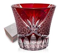 SANMENMO Red Hand-Cut Whiskey Glass, Edo Tokyo Kiriko Style