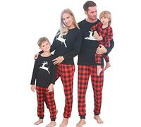SANMIO Christmas Family Pajama Sets Matching Sleeve Blouse + Plaid Long Pants Nightwear Festival Outfits for Dad Mom Kids Girls Boys Baby, Woman-Black/Red Christmas Elk L