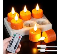 Sanmli 6 Pack Orange LED Tea Lights Rechargeable with Remote Control and Timer, Flickering Warm White Light, Flameless Candles with Charging Station and USB Cable