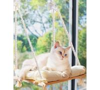 SANNAX Cat Window Perch, Wooden Hammock Bed for Indoor Cats, with Suction Cups, Adjustable Ropes & Washable Cushion, 20 kg (44 lb) Capacity, Natural Pine