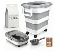 SANNAX Collapsible Pet Food Storage Container 22-24 lbs, Airtight Foldable Dog Cat Dry Food Bin with Detachable Wheels, Handle, Scoop & 1000ml Jar, Space Saving Kitchen Organiser - Grey White