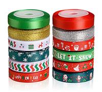 SANNIX 12 Rolls 60 Yard Christmas Ribbon for Gift Wrapping, 3/8 Inch Snowflake Santa Christmas Wrapping Ribbon Printed Grosgrain Satin Holiday Ribbons for Xmas Decoration DIY Crafts