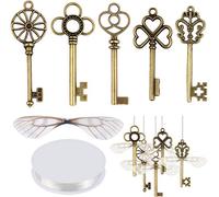SANNIX 50 pieces vintage skeleton keys flying keys charms with 50 pairs of dragonfly wings and 30 yards elastic crystal string for DIY Christmas decorations