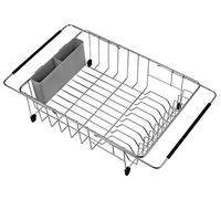 SANNO Deep & Large Dish Drying Rack Expandable Dishes Drainer Over The Sink Adjustable Arms Dish Drainer,Dish Rack in Sink or On Counter Utensil Silverware Storage Holder, Rustproof Stainless Steel