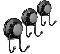 SANNO Double Hooks Suction Cups Hook for Flat Smooth Wall Surface Towel Robe Bathroom Kitchen Shower Bath Coat,NeverRust Stainless Steel Black (3 Pack)
