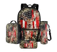 SANNOVO American Flag Deer School Backpacks for Boys Teens Kids Backpack and Lunch Bag Set Portable Water Bottle Sleeve Pencil Case 4 Pack Back Pack Set for Middle School Students