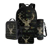 Sannovo Camo Deer Print Backpack and Lunch Bag Set American Flag School Backpack Set with Lunch Box Pencilcase Water Bottle Carrier for Preschool Kindergarten Middle School