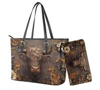 Sannovo Womens Handbag Wallet Set Leather Satchel Purse Handbag with Wristlet Wallet Top Handle Handbag for Ladies, Brown-highland Cow Floral, 15.7*9.8*5.1 inches (Tote Handbag), 7.9*4.3*1 inches
