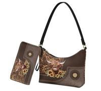 Sannovo Womens Underarm Shoulder Bag with Wallet Set Brown Under Arm Purses Crescent Top Handle Purse for Date Shopping, Brown-sunflower Highland Cattle
