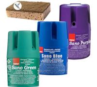 SANO Water Toilet Bowl Cleaner Long Lasting Air Freshener WC Tablet - Cleans, Perfumes, Hygienic, Leaves Water Sparkling Blue, Up to 900 Flushes - 3x150g Blue+Green+Purple + Cleaning Sponge