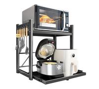 SANON 2-Tier Microwave Shelf, Desktop Printer Shelf Rack with 6 Hooks Countertop Microwave Stand with Sliding Tray pace-Saving Kitchen Organizer Bakers Rack, Grey