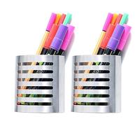 Sanpaint 2 Pack Magnetic Modern Pen and Pencil Holder, Metal Writing Utensil Storage Organizer for Kitchen, Locker, Home, or Office, 3.25" x 1.75" x 3.50", Brushed Stainless Steel