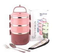 SANQIAHOME Stainless Steel Lunch Box, 2400ml Bento with Spoon Fork,Stackable 3 Layer, Compartments Leak Proof, for Adults Kids Students Office Microwave, Container Meal Prep Containe, Pink