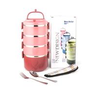SANQIAHOME Stainless Steel Lunch Box, 2950ml Bento with Spoon Fork,Stackable 4 Layer, Compartments Leak Proof, for Adults Kids Students Office Microwave, Container Meal Prep Containe, Pink