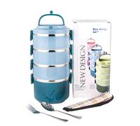 SANQIAHOME Stainless Steel Lunch Box, 2950ml Bento with Spoon Fork,Stackable 4 Layer, Compartments Leak Proof, for Adults Kids Students Office Microwave, Container Meal Prep Containe, Blue