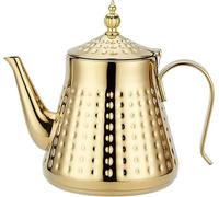 SANQIAHOME Stainless Steel Teapot 1.2L with Infuser, Loose Leaf Tea, Gold | Brews 4-5 cups; food-grade stainless steel; removable infuser; drip-free spout; induction hob compatible; hammered finish.