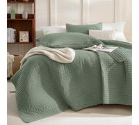 Sanracie Stonewashed Cotton Coverlet Queen Size(90"x98"), Olive Green Ultra Soft Crinkle Quilt Bedding Set 3Pcs Cross Stitch Pattern Lightweight Breathable Bedspread Set for All Season