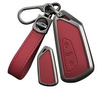 SANRILY Metal & Leather Fit for VW Key Fob Cover Case Compatible with VW ID.4 2023 ID.3 Golf 8 Skoda Octavia Seat Leon MK4 Keyless Key Protectorwith Leather Keychain Red