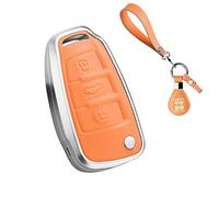 SANRILY Silver Metal Frame & Genuine Leather Key Fob Cover for Audi Q3 Q7 A3 A1 TT R8 Keyless Full Protection Smart Key Fob Case with Keychain Orange