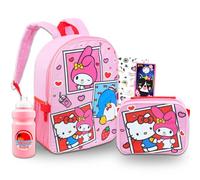Sanrio Backpack with Lunch Box Featuring Hello Kitty, My Melody, Tuxedo Sam - Bundle with 16” Hello Kitty and Friends Backpack, Lunch Bag, Water Bottle, Tattoos, More | Sanrio School Bag, Multicolor,