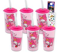 SANRIO My Melody Kids 16 Oz Reusable Cups Party Favor 6 Piece Bundle with 16 Oz Cup with Lid and Straw Plus Stickers for Boys, Girls | My Melody Tumbler with Straw