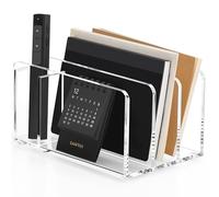 SANRUI Acrylic Mail Organizer, 3 Compartments File Holder for Desk, Letter Sorter with Pen Holder, Clear Countertop Document Sorter for Notebooks, Bills & Eyeshadow Palettes