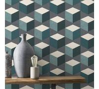 Sansa Geometric Teal Wallpaper 3D Effect Rasch Paste The Wall Washable Vinyl