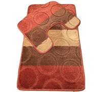 SANSAR Machine Washable 2 Piece Bath Mat & Toilet Pedestal Set Non Slip (Terracotta/Brown/Beige Stripe Circle)